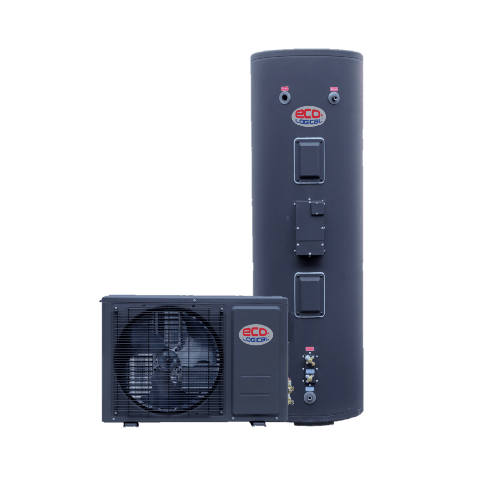 Eco-friendly heat pump water heater showcasing a cylindrical tank paired with an external heat exchange unit. Ideal for energy-efficient hot water solutions.