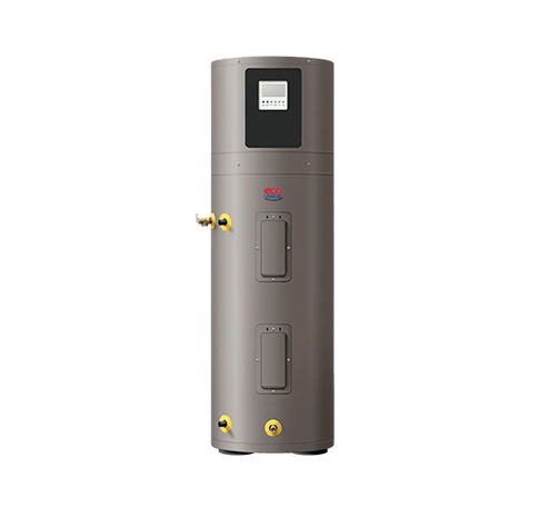 Vertical gray water heater with a digital control panel, showcasing connections for plumbing. Ideal for home heating and energy efficiency.