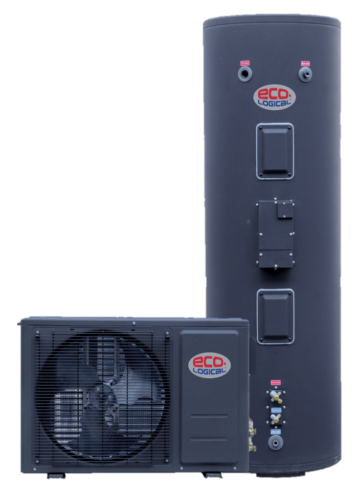 Tall, sleek black water heater and air conditioning unit with eco-conscious logo. Modern design on black background, suggesting efficiency.