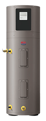 Vertical gray water heater with a digital control panel, showcasing connections for plumbing. Ideal for home heating and energy efficiency.
