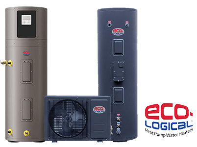 Tall, sleek black water heater and air conditioning unit with eco-conscious logo. Modern design on black background, suggesting efficiency.